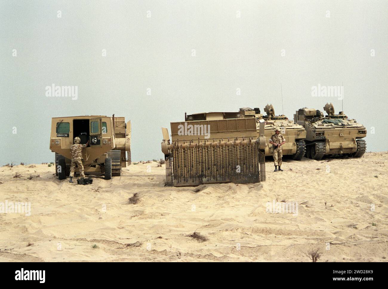 14th January 1991. British Army Aardvark JSFU mine-clearance vehicles on exercise north of Dhahran in Saudi Arabia. Stock Photo