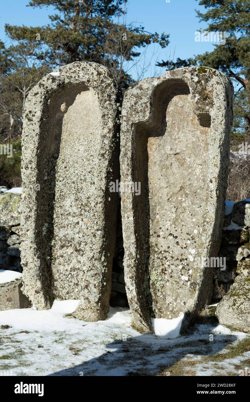 Stone sarcophagus in Saint Pierre le Vieux cemetery. Lozere. Occitanie. France Stock Photo