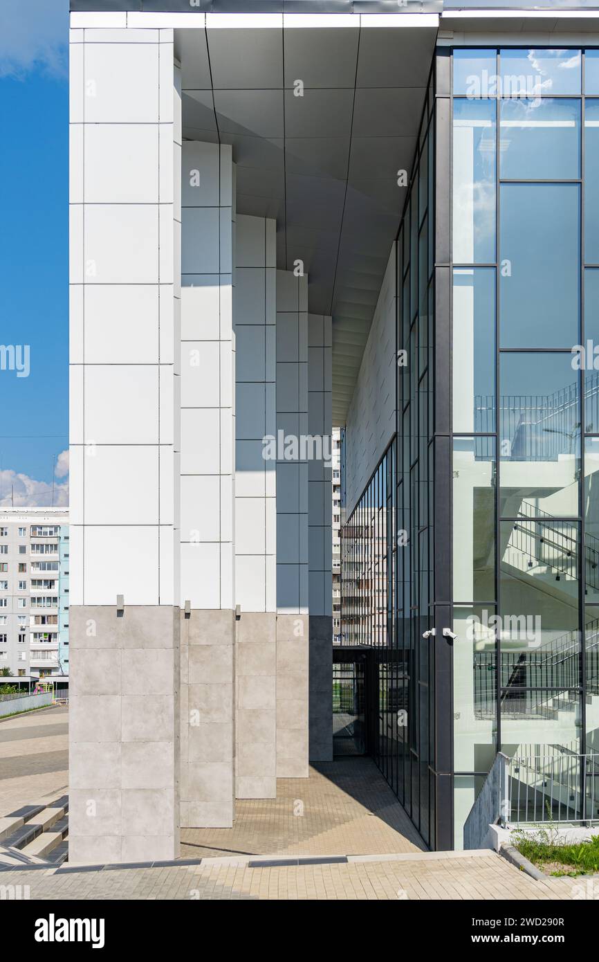 New building facade in housing complex. Modern style in architecture ...