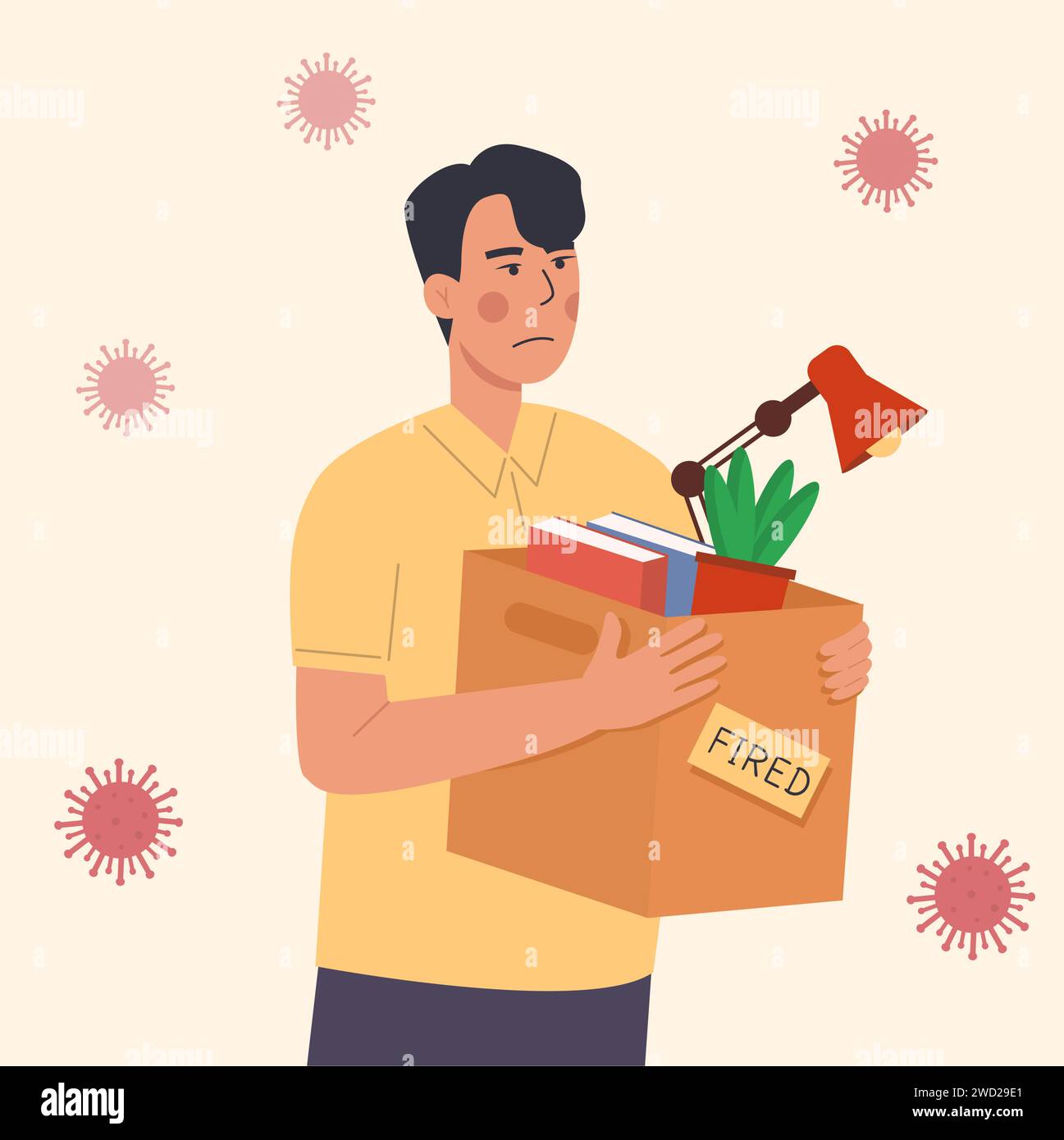 Cartoon vector illustration of firing employee during pandemia. Loss job from Coronavirus crisis COVID-19 outbreak lockdown. Dismissed carrying box wi Stock Vector