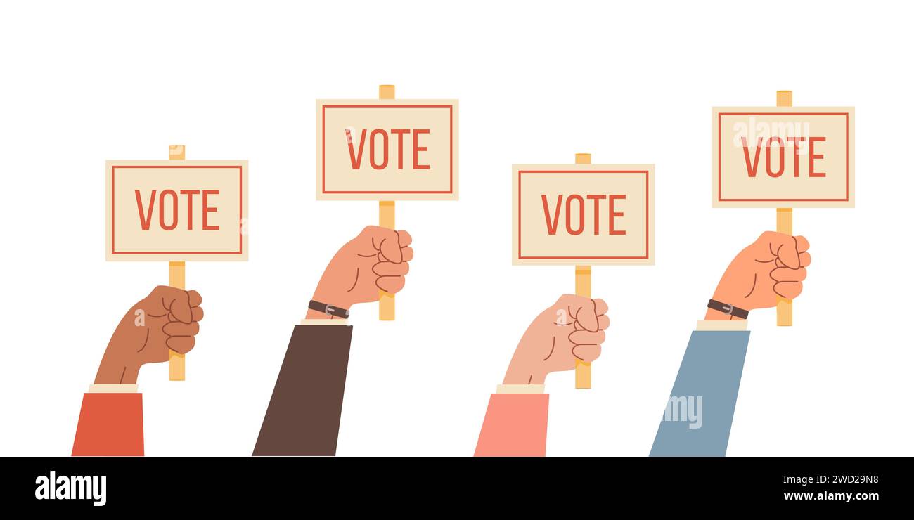 Mix race arms holding a placard with Vote caption. Election in America ...