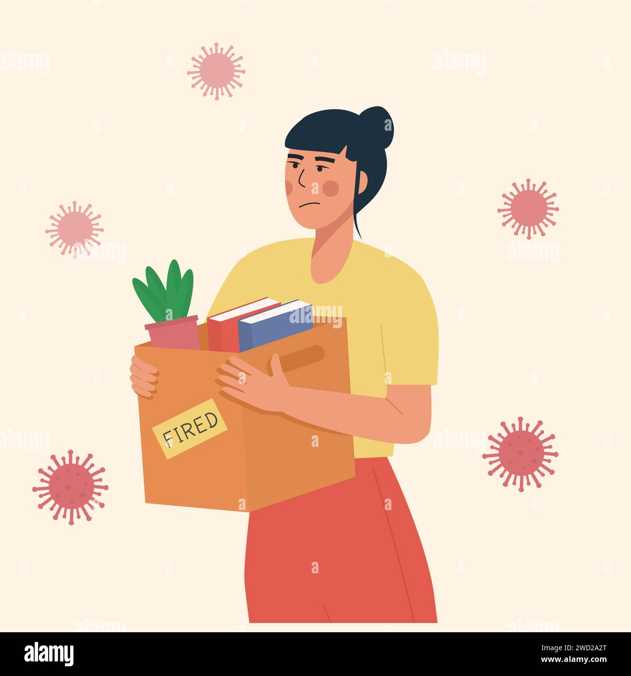 Cartoon vector illustration of firing employee during pandemia. Loss job from Coronavirus crisis COVID-19 outbreak lockdown. Dismissed carrying box wi Stock Vector