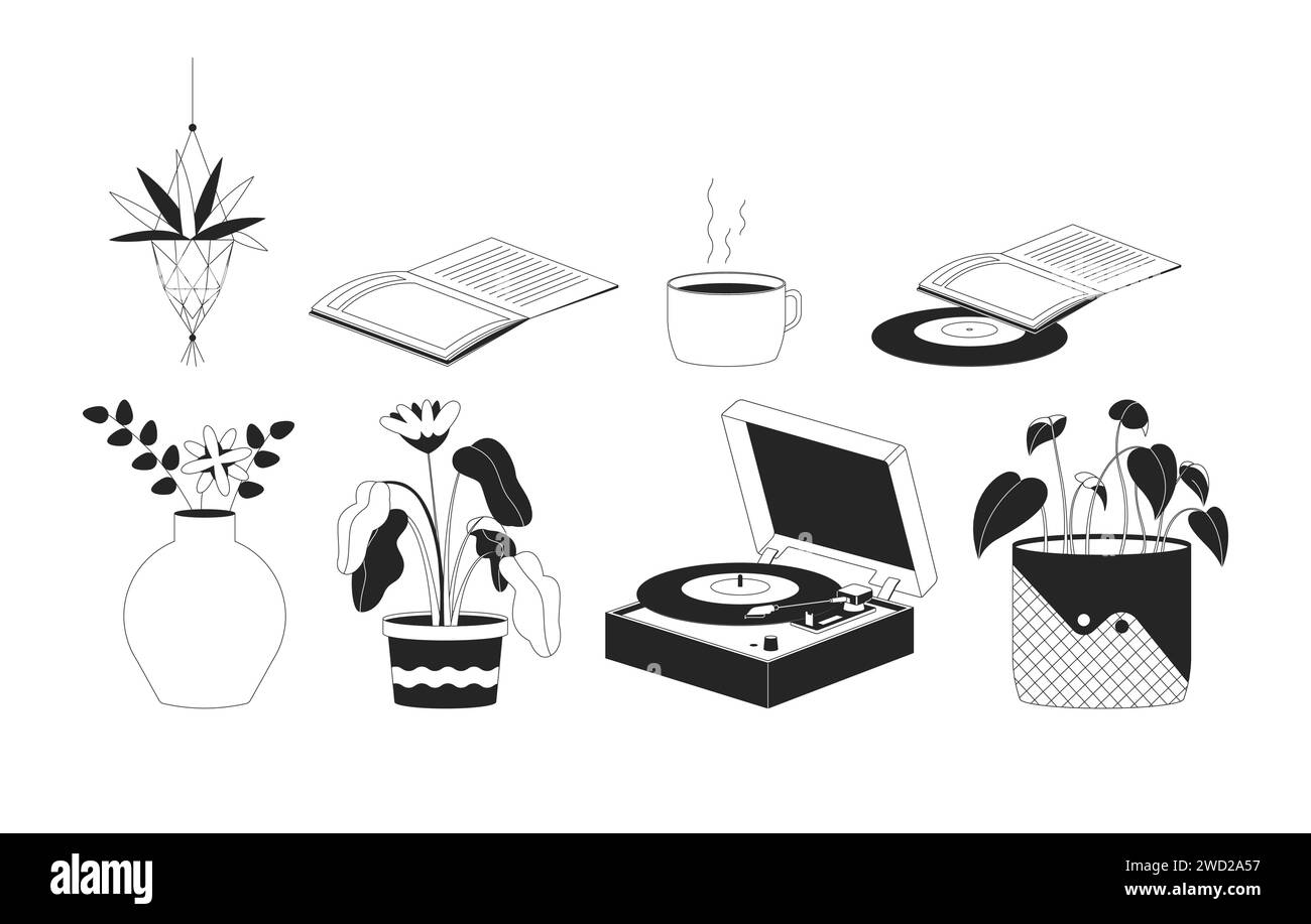 Hippie boho interior decor black and white 2D line cartoon objects set Stock Vector