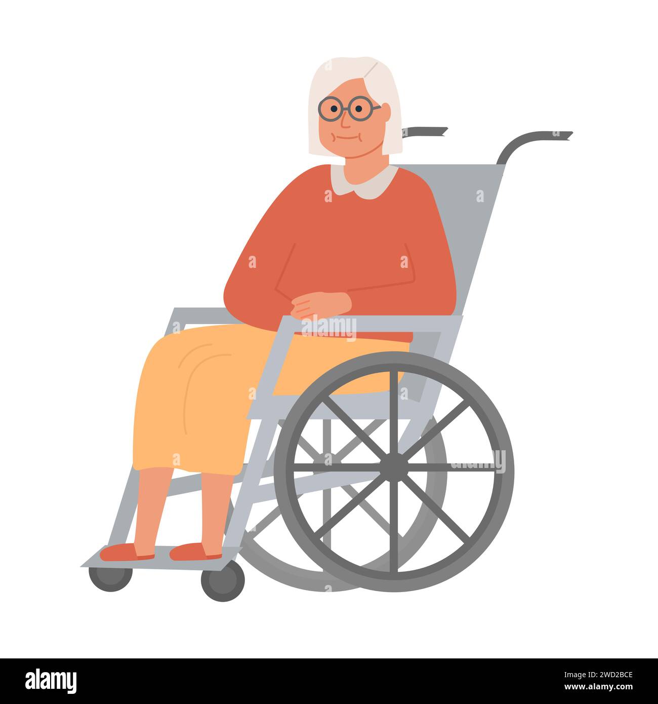 Elderly disabled woman with paddle walker. Old lady grandmother character on white background. Nursing home. Senior woman getting sick at hospital. Ve Stock Vector