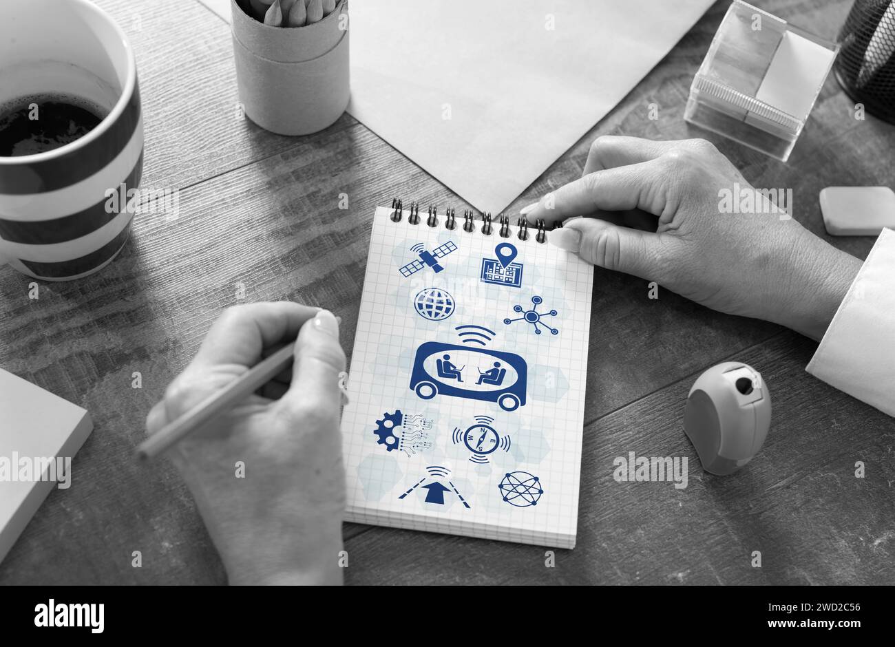 Self-driving car concept drawn on a notepad Stock Photo