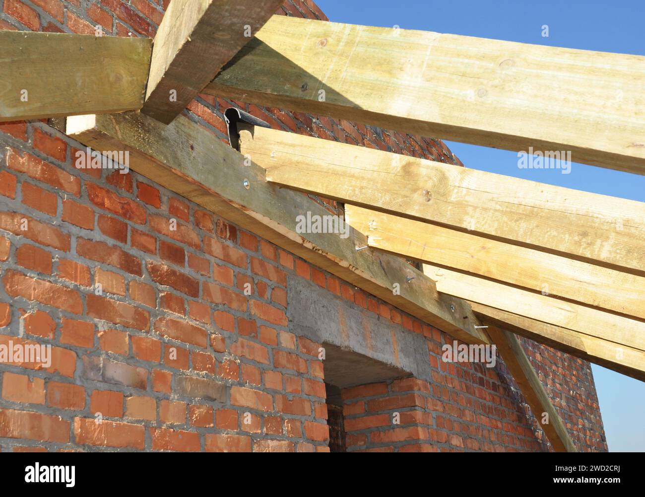 Building a pitch roof frame attaching roof rafters, trusses, beams and