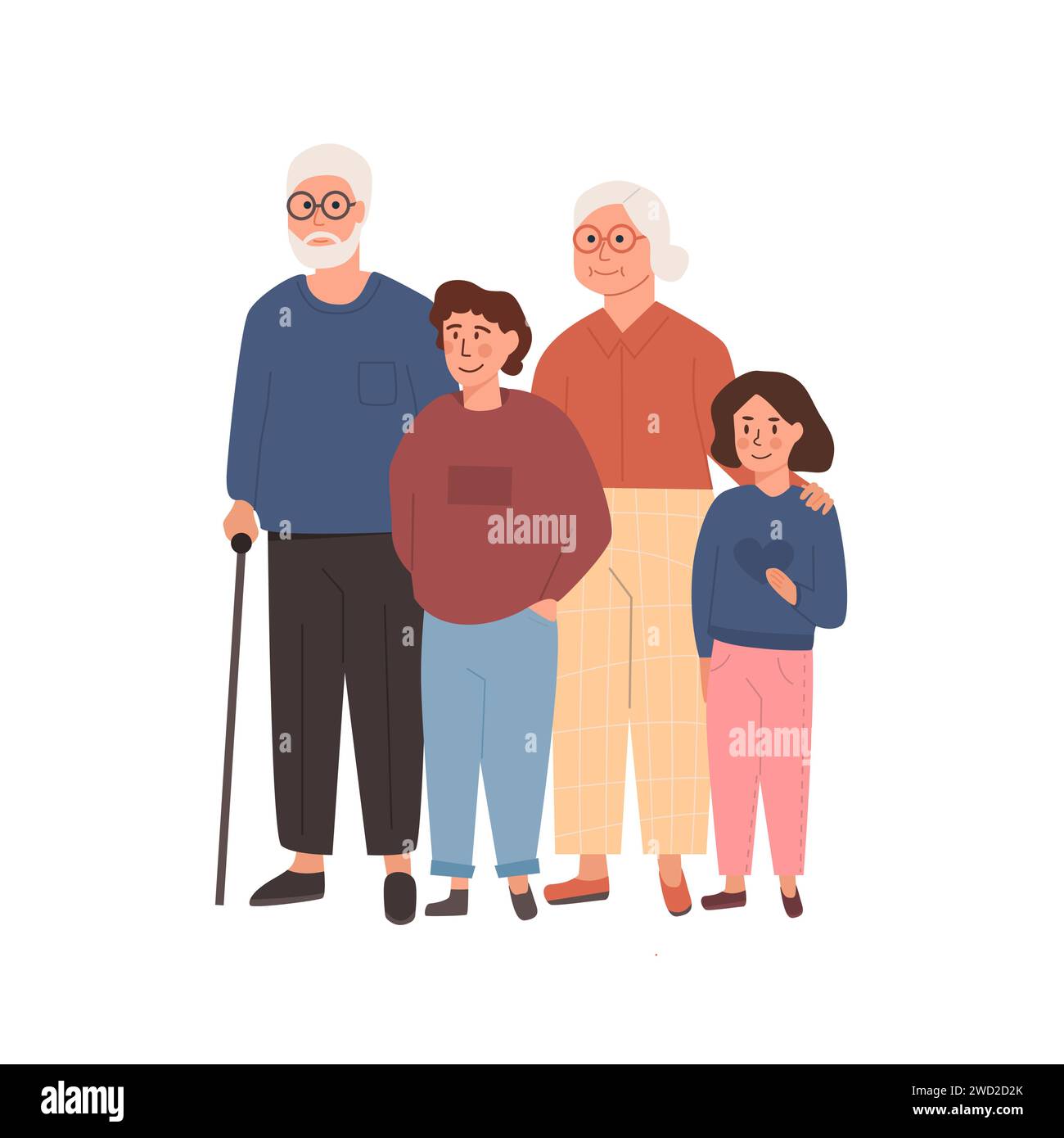 Grandfather, grandmother standing with grandchildrens. Embracing granddad, grandma and grandson, granddaughter. Loving family. Illustration in flat ca Stock Vector