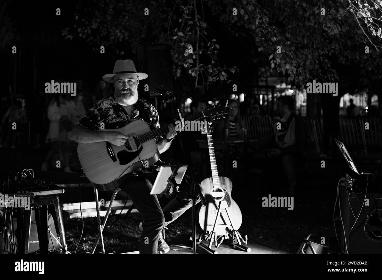 El guitarrista y cantante sentado y con sombrero canta en un concierto celebrado en Nigran durante la fiesta de la cerveza artesana Stock Photo