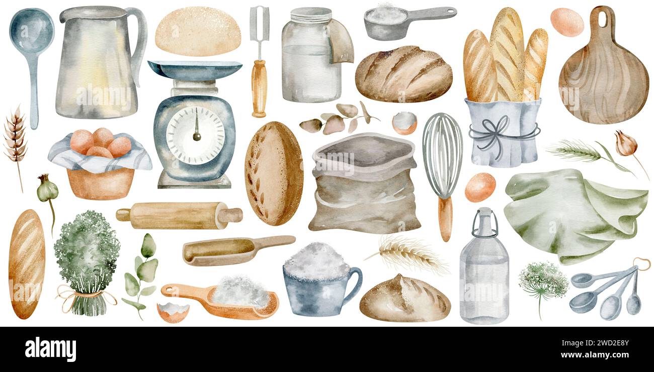 This watercolor painting features a collection of baking, bread and food tools. Each element has a charming, rustic style. Stock Photo