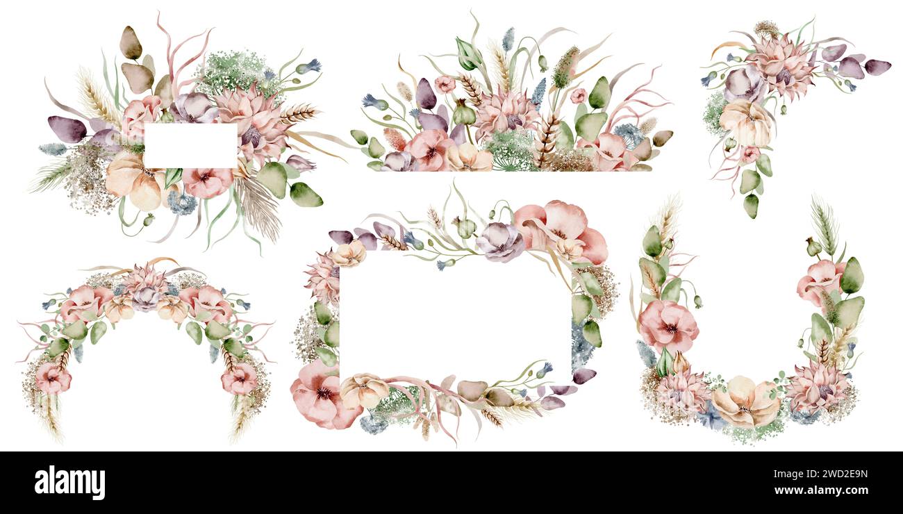 A set of watercolor floral wreaths, compositions of flowers in soft ...
