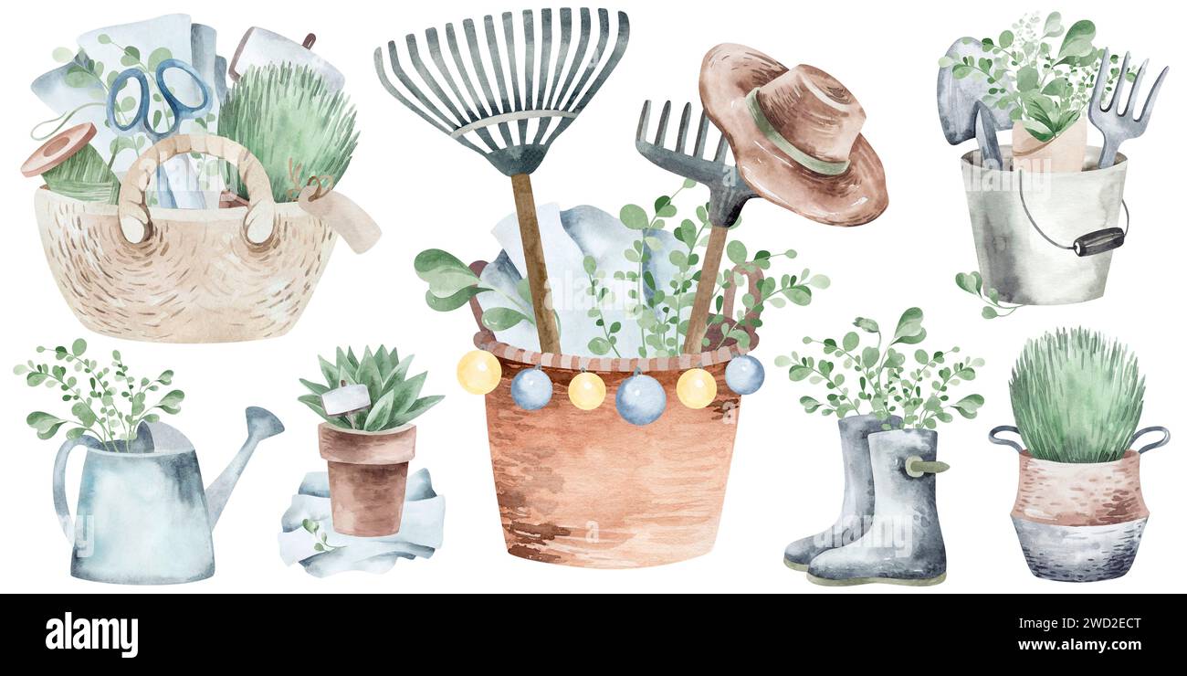 Gardening Tools And Equipment. Watercolor Elements Of Vintage Watering 