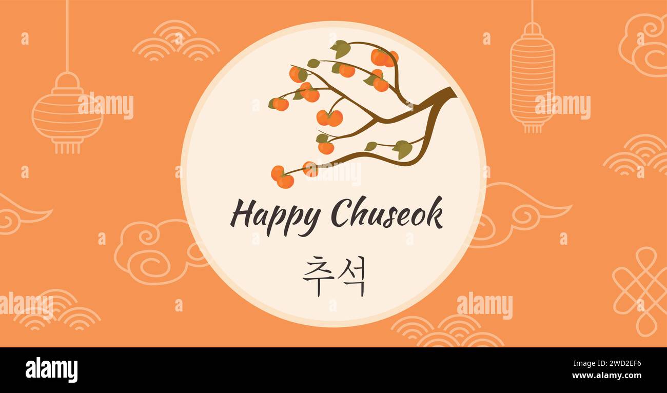 Thanksgiving Day in Korea. Autumn persimmon tree. Greeting card Happy
