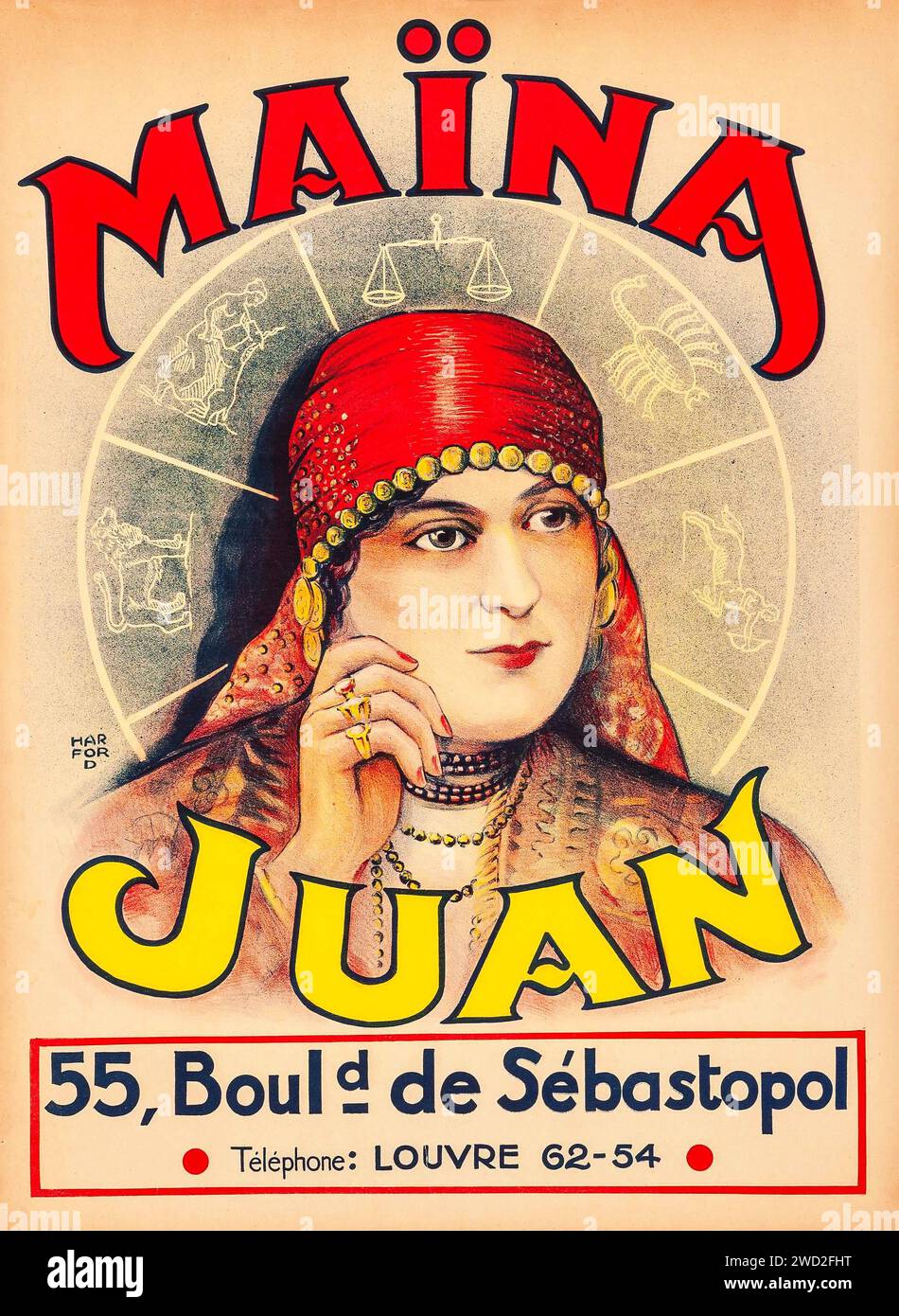Maïna Juan (1930s) French Advertising Poster - Harford Artwork - Maïna Juan was a famous Parisian psychic of the 20's and 30's -  horoscope background Stock Photo