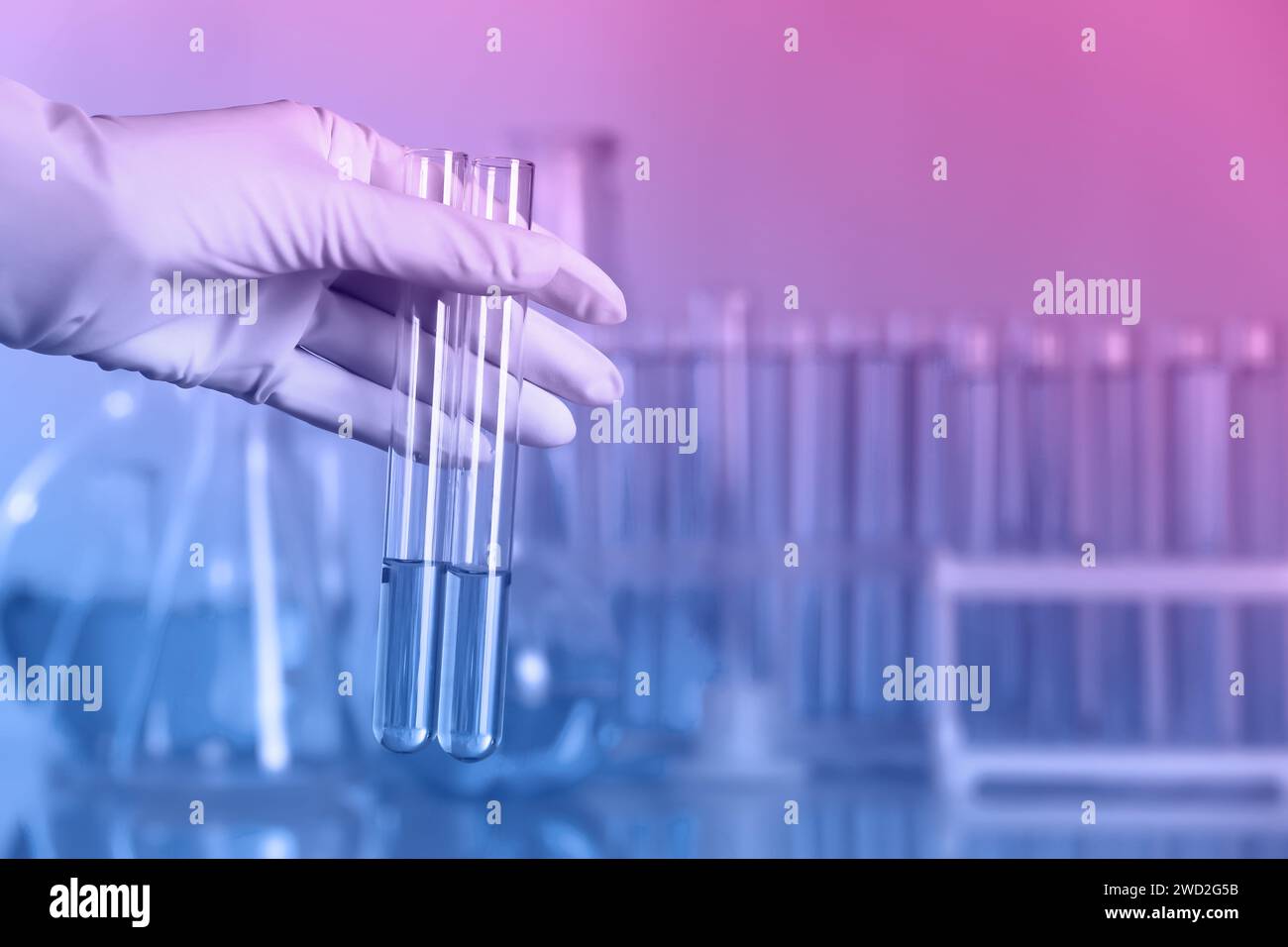 Laboratory worker holding test tubes, closeup. Color toned Stock Photo