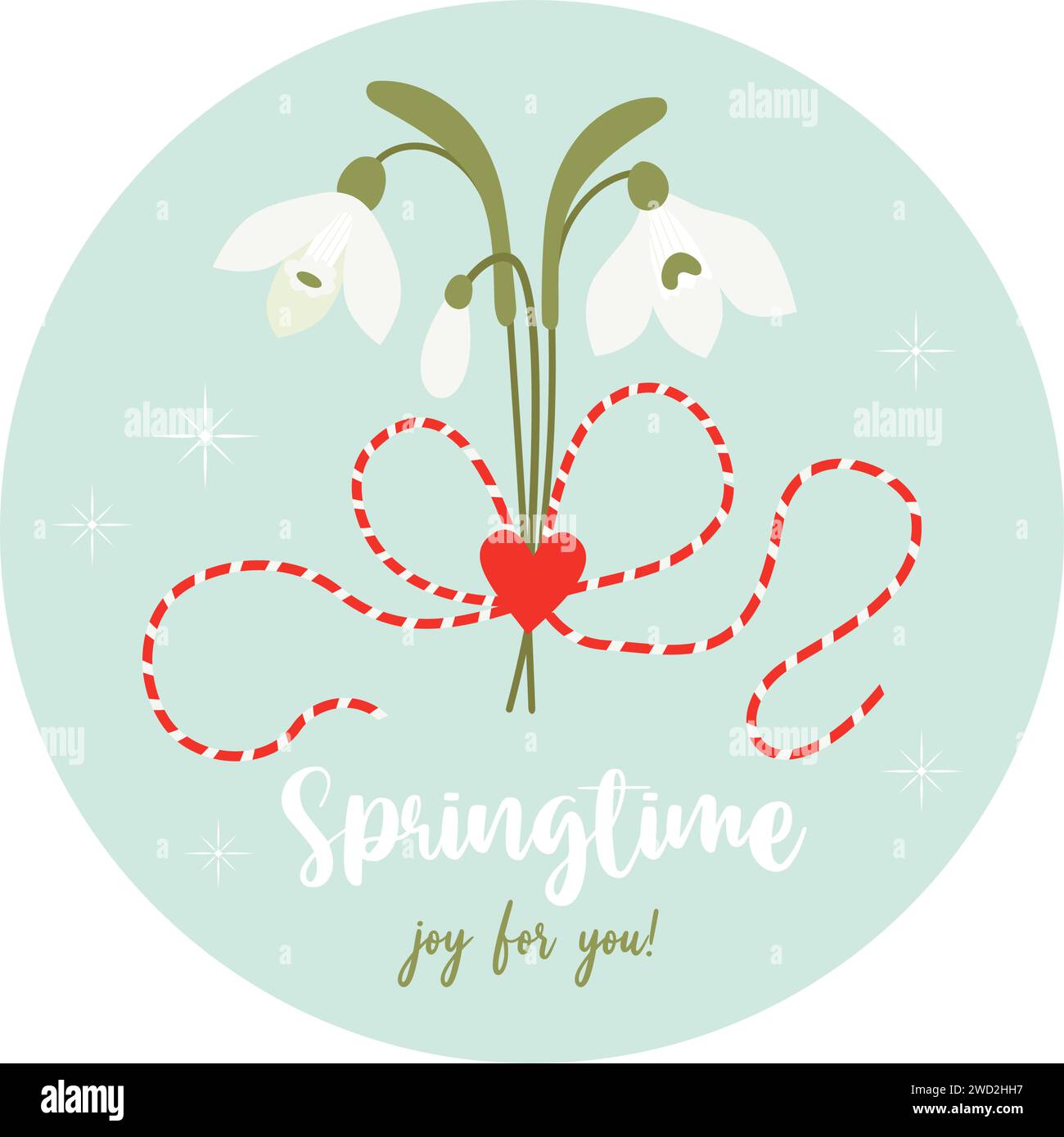 Martisor. Springtime. Traditional holiday red and white accessory Martenitsa with bouquet of snowdrop flowers. Symbol for spring beginning. 1 March. V Stock Vector