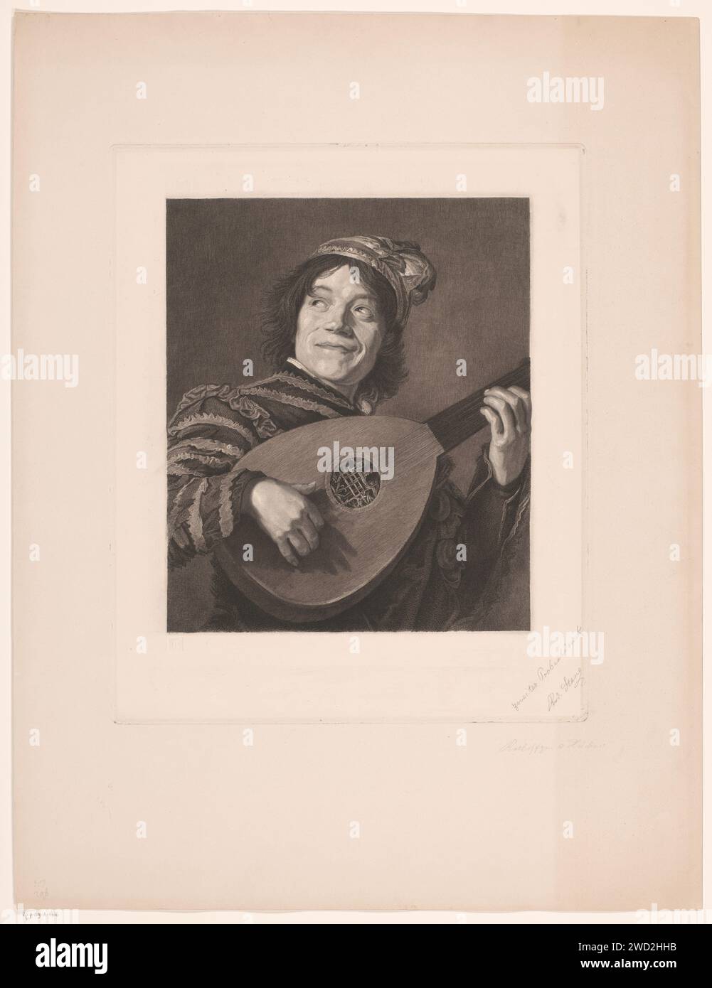 Luitspeler, Rudolf Stang, after Frans Hals, 1841 - 1891 print   paper. etching court jester, court fool. lute, and special forms of lute, e.g.: theorbo Stock Photo