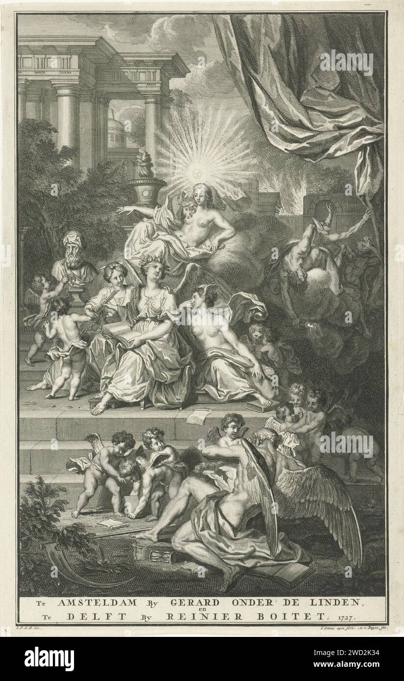 Title page for: Continued on Flavius Josephus: Or General History of Jewish Naatsie. 1727, Andries van Buysen (Sr.), After Louis Fabritius Dubourg, 1727 print The personification of the historiography, a winged woman writing in a book, is surrounded by putti and other figures. Downstairs on the stairs, father plays time with a group of putti. A young man with a burning torch of a wall falls in the background. The buildings behind the wall are on fire. print maker: Amsterdampublisher: Amsterdampublisher: Delft paper etching / engraving Father Time, man with wings and scythe. 'Historia'; 'Histor Stock Photo