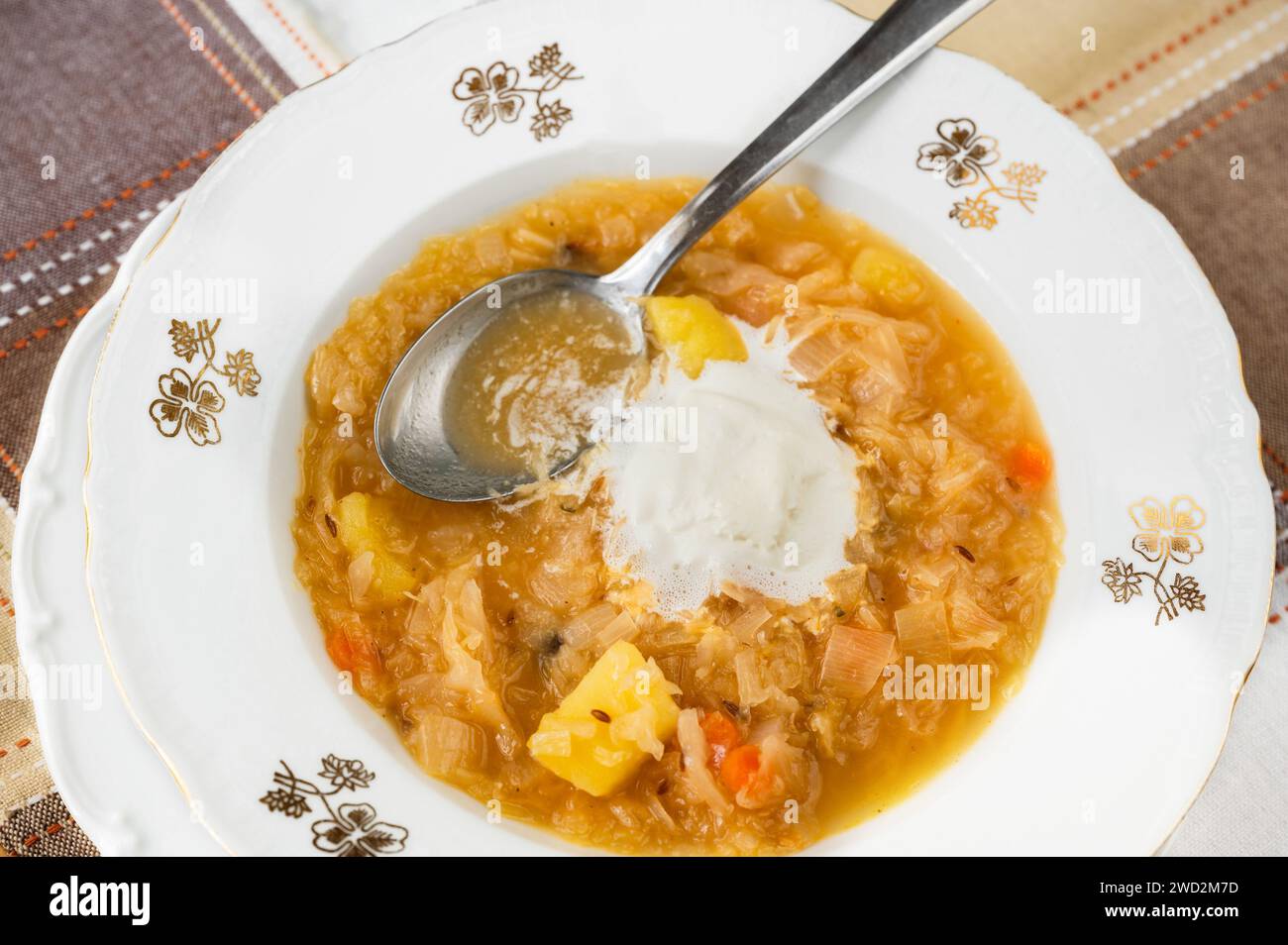 Cabbage soup with potato, vegetable and cream in decorative plate, closeup. Stock Photo