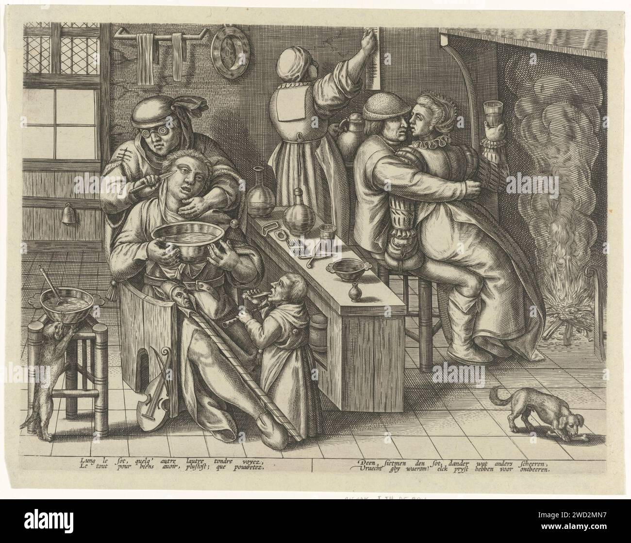 Shaving the Zot, Anonymous, 1570 - 1600 print In a departure, a woman sits on the lap of a man who hugs her in front of the fire. She holds a glass of wine in one hand, the other puts in his stock market. De Waardin keeps the notch. In the foreground, a man, who is referred to by his fool's staff as crazy or crazy, is shaved by a barber. Under the show a two -way verse in French and Dutch. 'Shaving the fool' was a common ritual in the 16th century at Narren parties: the shaving of criminals, vagabonds and crazy people, so that they were recognizable as such. Low Countries paper engraving Exist Stock Photo