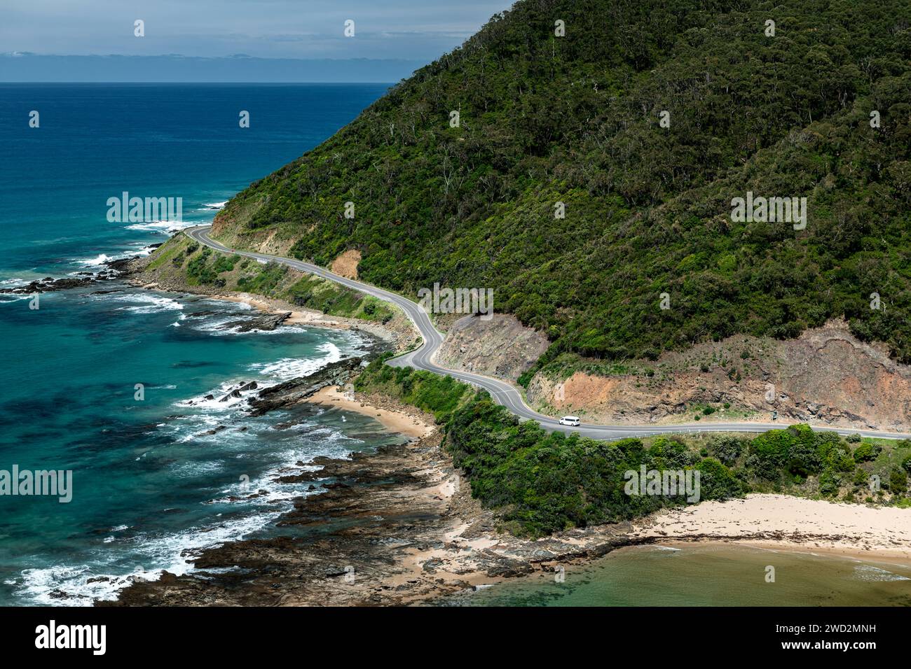 Top view on the famous Great Ocean Road, a scenic drive along Victoria's spectacular coastline. Stock Photo