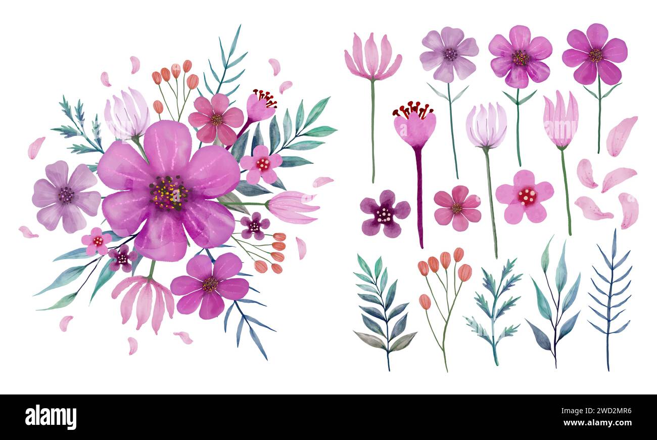 Set of  watercolor flower bouquet  vector  for celebration, party, greeting and decoration. Pink, violet and green color scheme Stock Vector