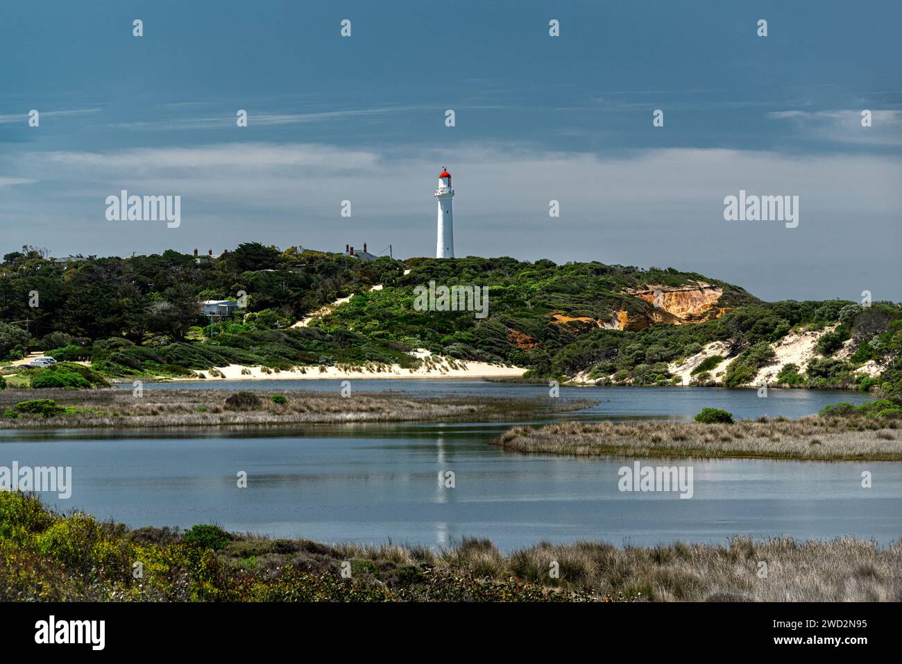 Famous Split Point Lighthouse in Aireys Inlet at the popular Great Ocean Road. Stock Photo