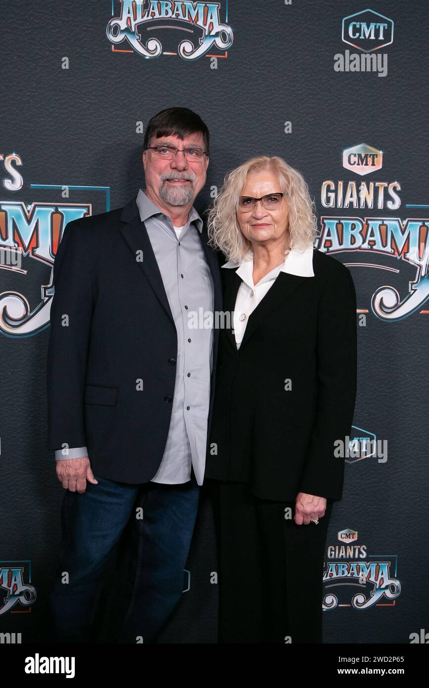 Nashville, USA. 17th Jan, 2024. Teddy Gentry and wife Linda Gentry arrive on the red carpet at the show taping of “CMT Giants: Alabama” at Belmont's Fisher Center for the Performing Arts