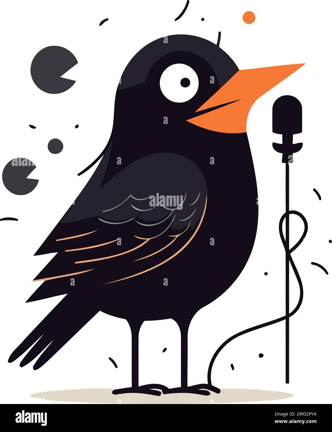Cute black bird with microphone on white background. Vector