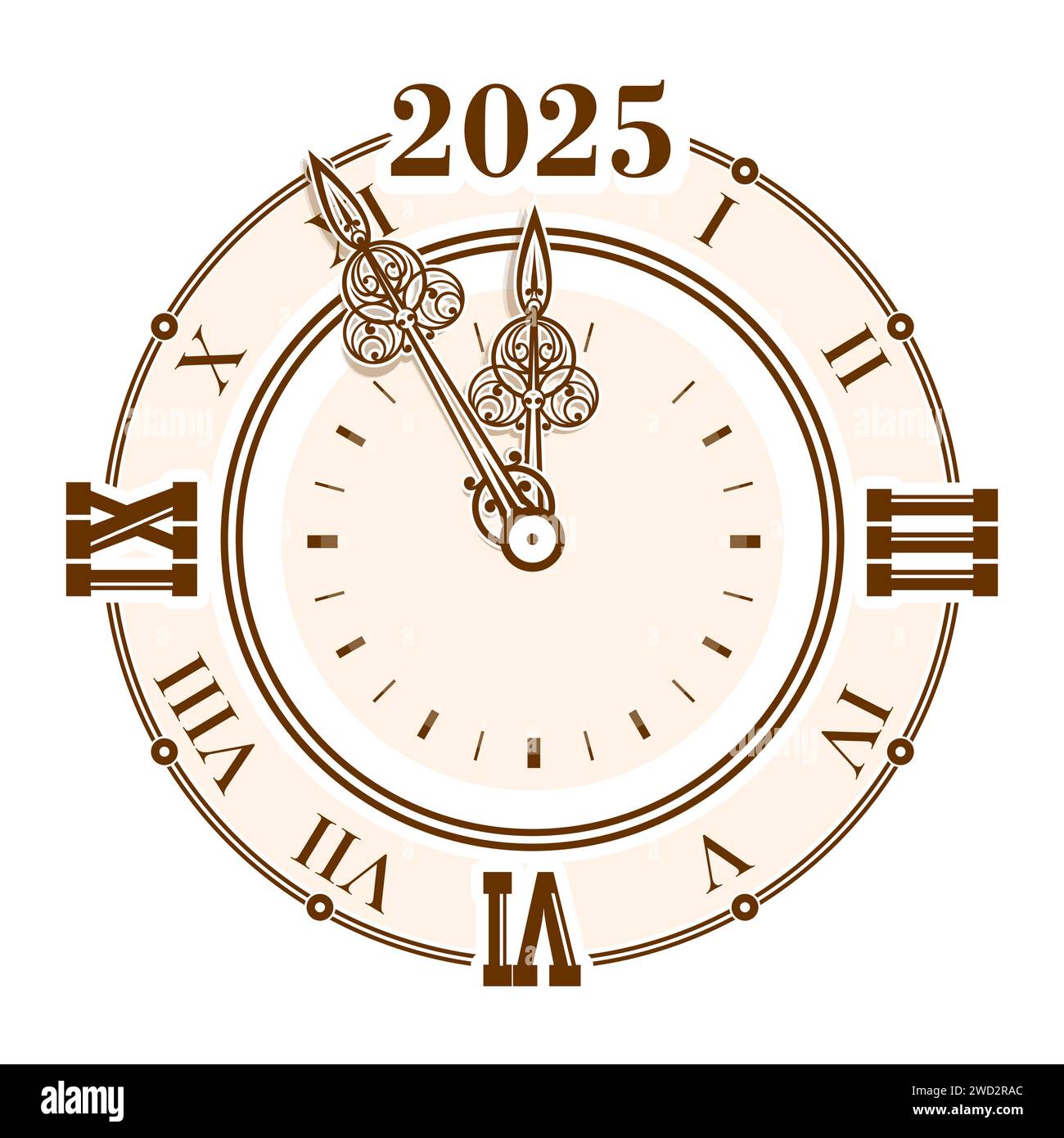 Vintage antique clock shows five minutes to midnight before the New