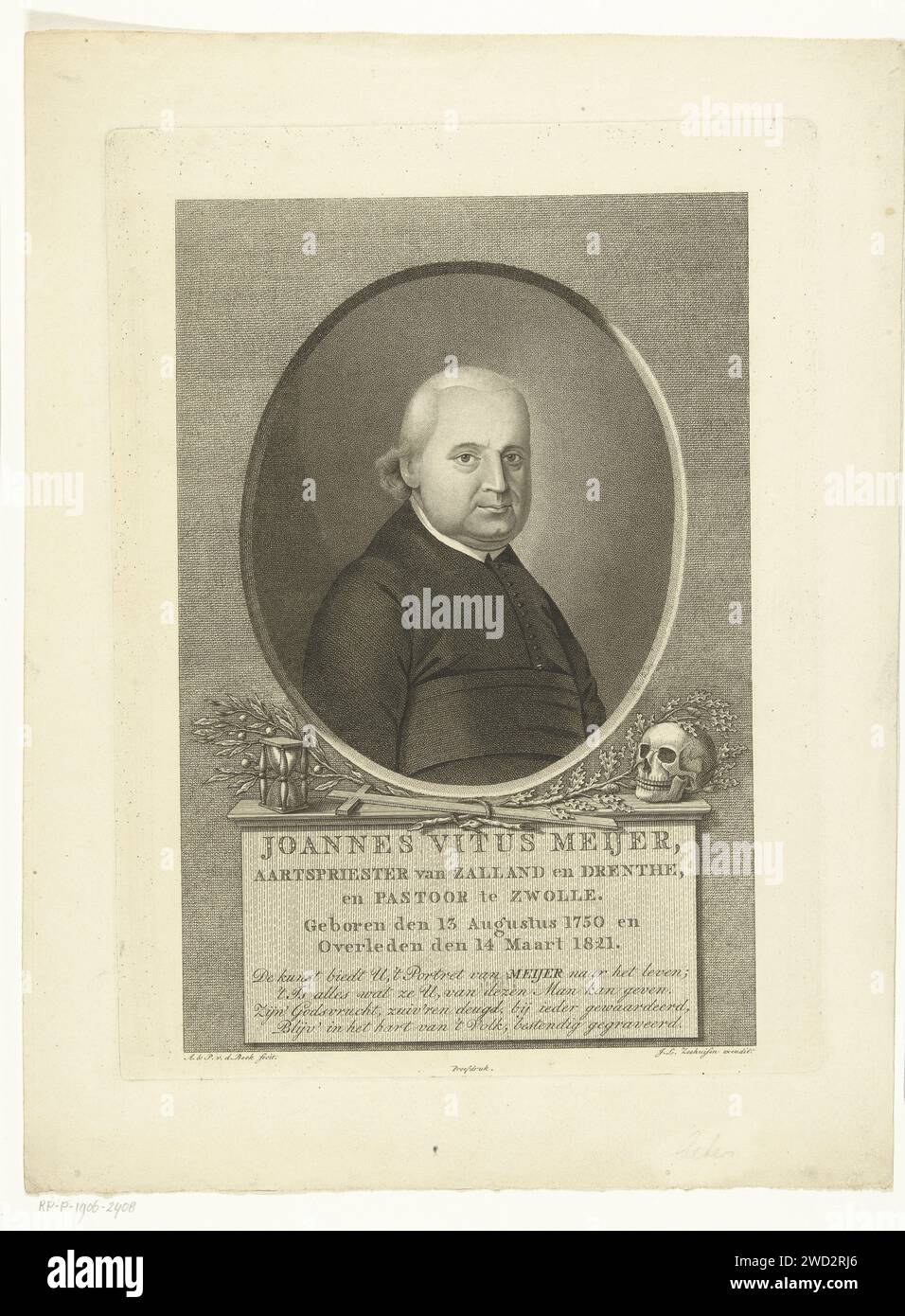 Portrait of arch priest Johannes Vitus Meijer, Antonie and Pieter van der Beek, 1821 print Bust of Arch priest Johannes Vitus Meijer in ovale frame with symbols under the portrait ofitas such as a skull and hourglass. Under the name and title of the man is a praise.  paper etching chief priests  hierarchy of priests. skull as symbol of 'Vanitas'. hourglass Stock Photo