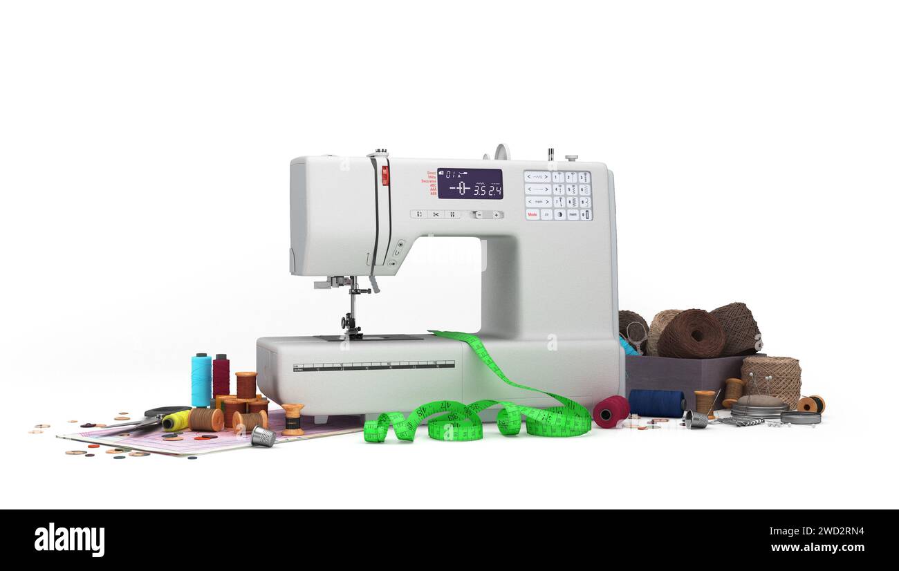 Sewing machine and accessories 3d render on white Stock Photo