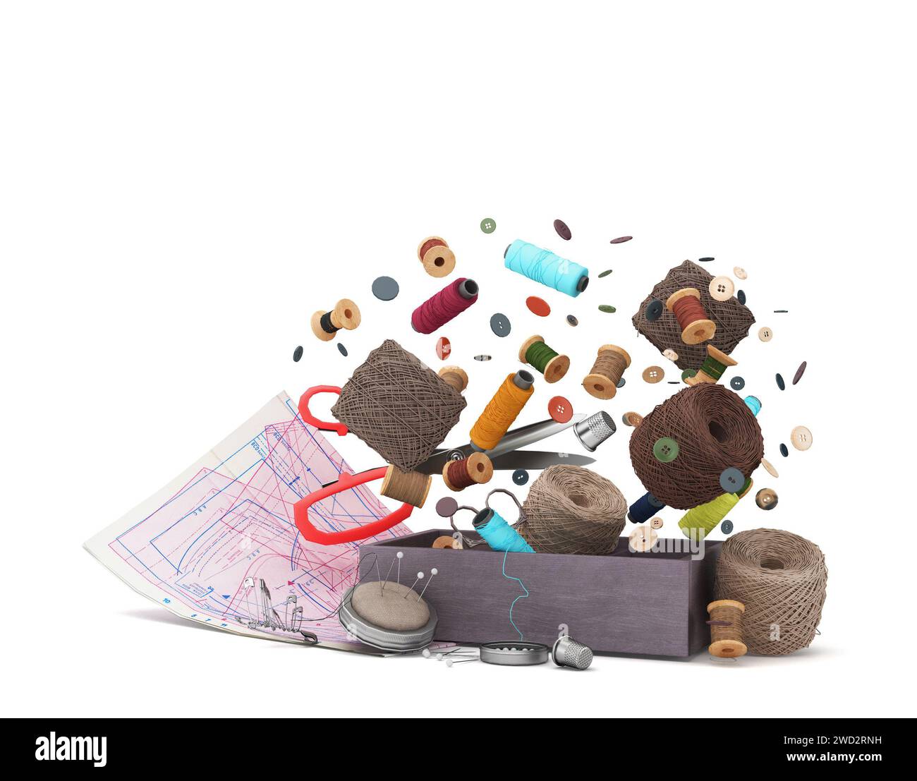 New sewing accessories 3d render on white Stock Photo