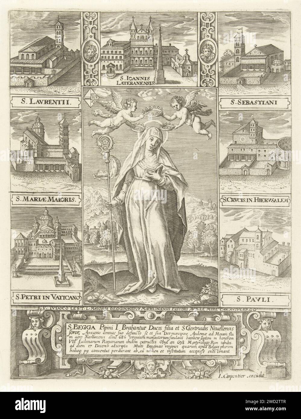 Saint Begga, Adriaen Collaert, 1570 - 1618 print Saint Begga with an abbess staff in the right hand and a Bible in the left. Two putti fly above her head and crown her with three crowns. Around seven performances with the seven churches of Rome. The print has various Latin captions. print maker: Antwerpafter design by: Antwerppublisher: AntwerpAntwerpMechelen paper engraving female saints (with NAME). cupids: 'amores', 'amoretti', 'putti' Santa Maria Maggiore. Sint-Paulus outside the walls. San Pietro in Vincoli. Sint-Laurens outside the walls. Sint-Jan van Lateranen Stock Photo