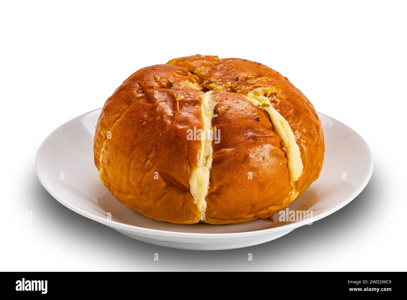 Homemade korean cream cheese garlic bread in white ceramic dish