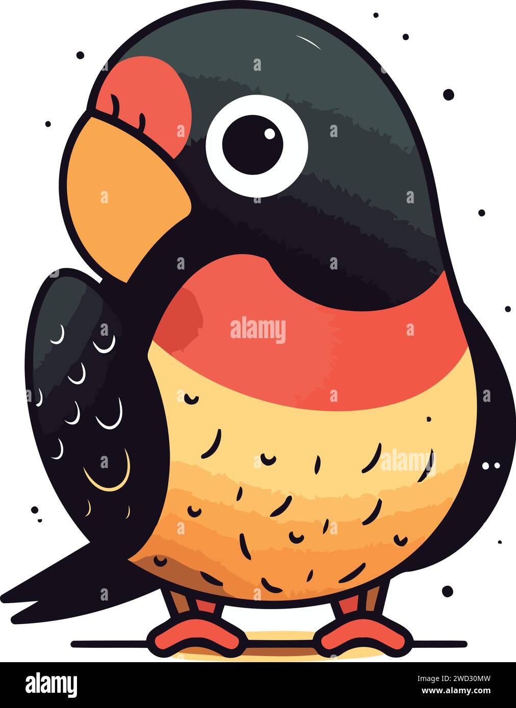 Cute Cartoon Black And Red Bird. Vector Illustration Isolated On White 