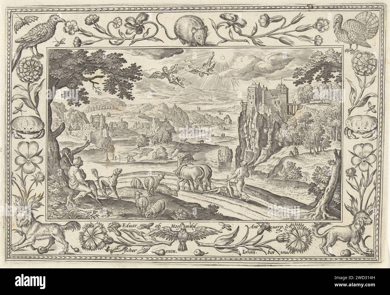 Fall from Icarus, Adriaen Collaert, after Hans Bol, 1584 - 1618 print Landscape with field. Daedalus and Icarus in the air. Icarus flies too high at the sun, the wings of his wings melts and it falls out of the sky. In the foreground, a farmer looks up of plowing, while two shepherds look at the sky and point. The print has an ornamental list of flowers and animals. He is part of a four -legged -part series of landscapes with Biblical, mythological scenes and hunting scenes. print maker: Antwerpafter design by: Antwerppublisher: Amsterdampublisher: Antwerp paper engraving death i.e. the fall o Stock Photo