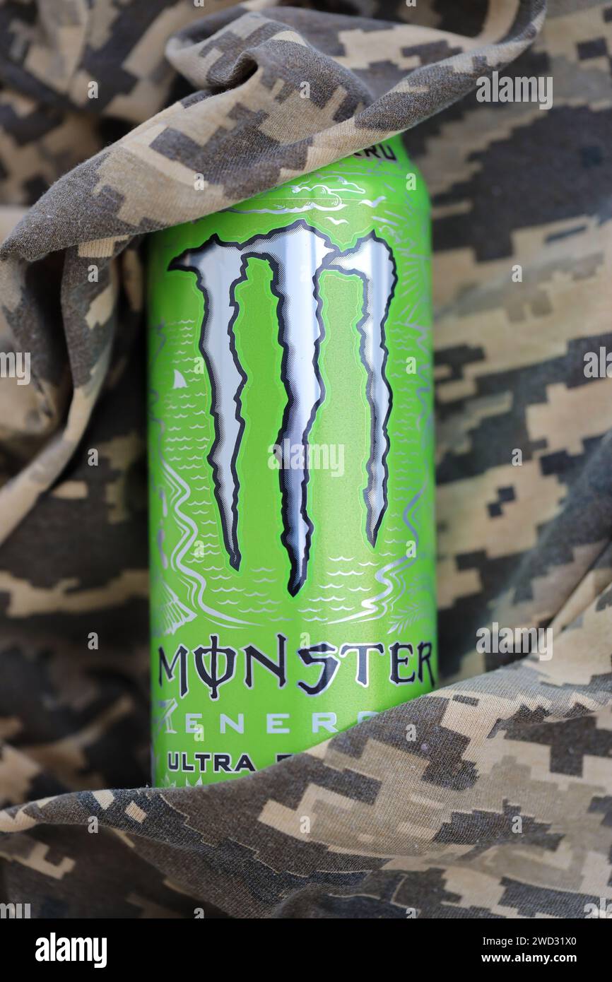 KYIV, UKRAINE - 4 MAY, 2023: Monster energy drink ultra paradise in green  tin can with Monster energy drink logo close up Stock Photo - Alamy