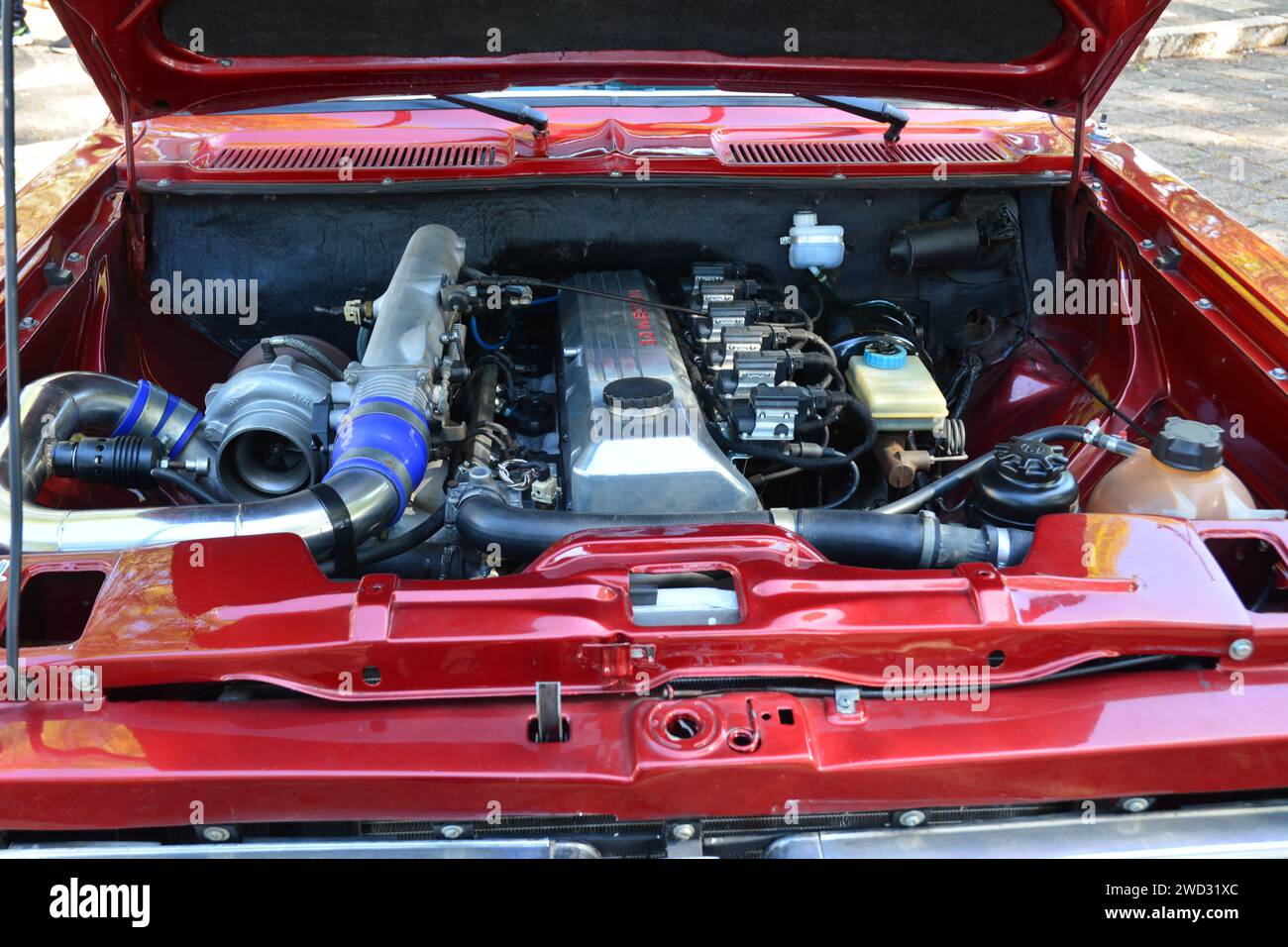 Vintage car engine with turbine system on exhibition of vintage cars, Brazil, South America, vintage car, open engine, chevrolet brand Stock Photo