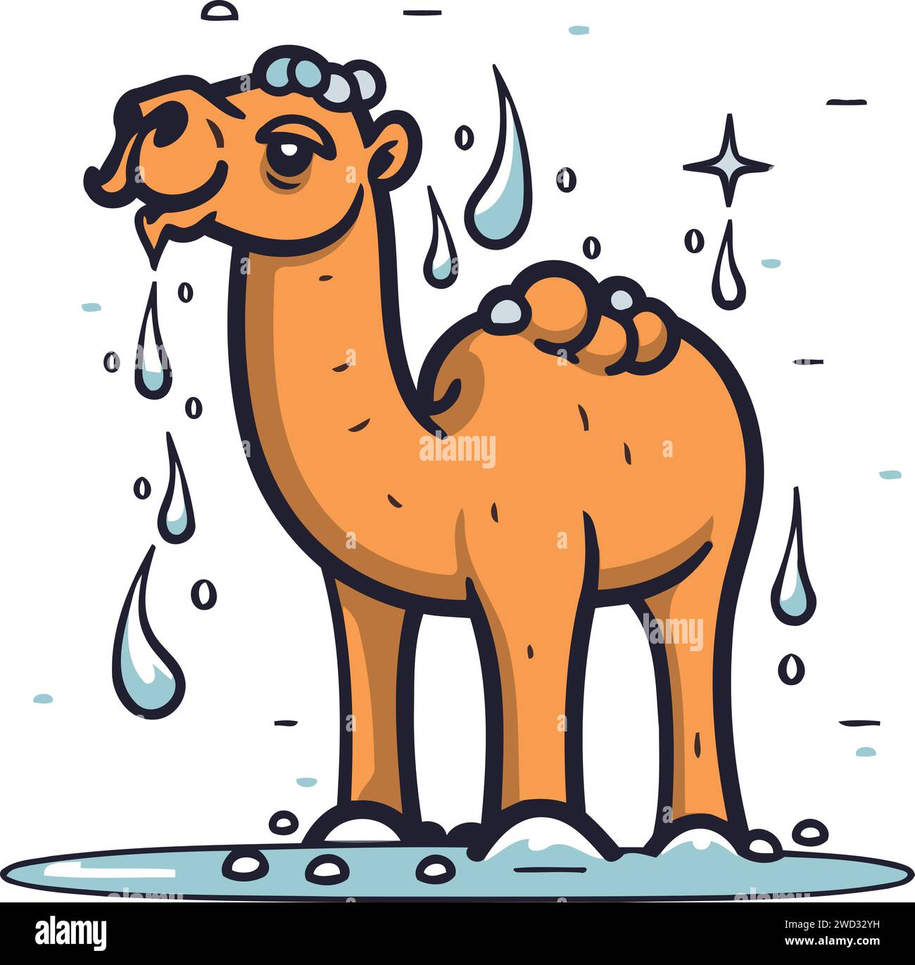 Cute camel with rain drops. Vector illustration in cartoon style. Stock Vector