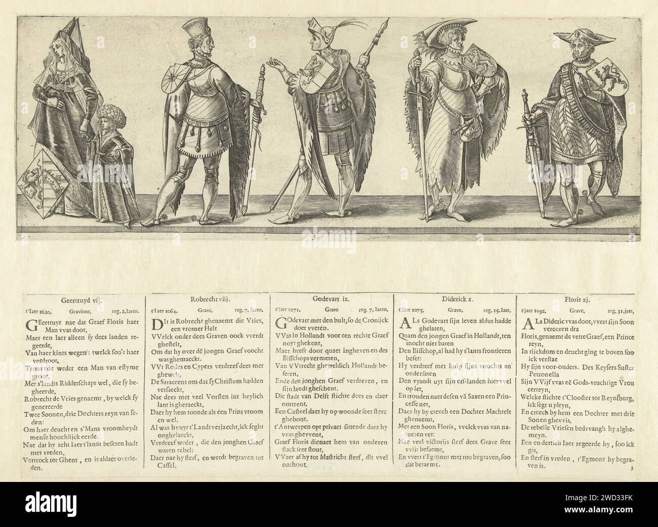 Countess Geertruida VII and Graven Robrecht VIII, Godfried IX, Dirk X and Floris XI, Hendrick Goltzius, after Willem Thibaut, 1596 - 1652 print Presentation of one woman with shield and four men with sword and shield. According to the accompanying caption, this concerns countess of Holland Geertruida VII and graves of Holland Robrecht VIII, Godfried IX, Dirk X and Floris XI (intended are Geertruida van Saxony, Robrecht I de Fries, Godfried III with the Bult, Dirk V and Floris II ). This print is part of a series of eight numbered prints of the graves and engravings of Holland with accompanying Stock Photo