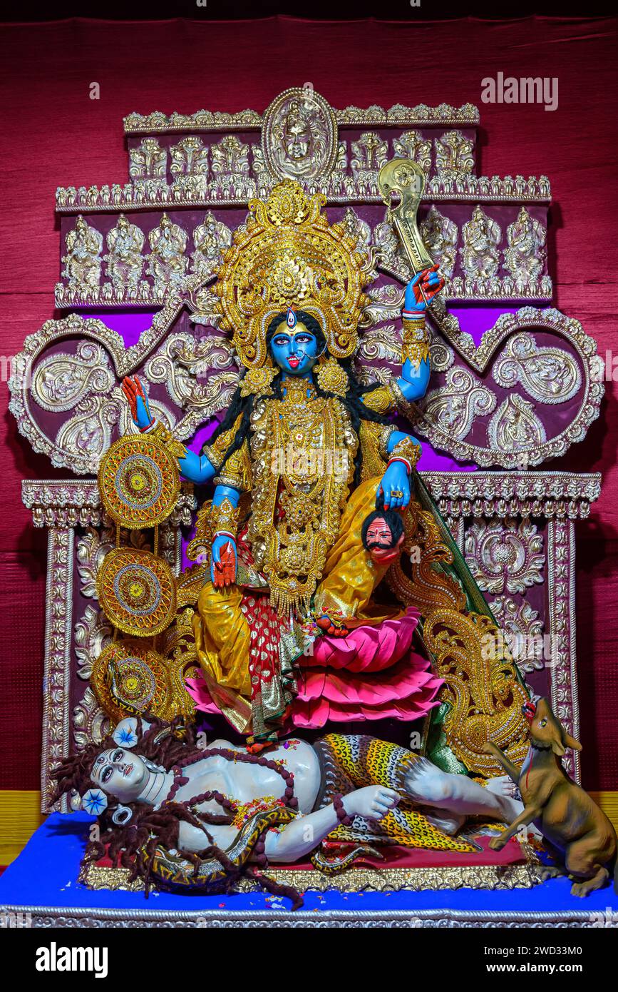 Idol of Goddess Maa Kali at a decorated puja pandal in Kolkata, West ...