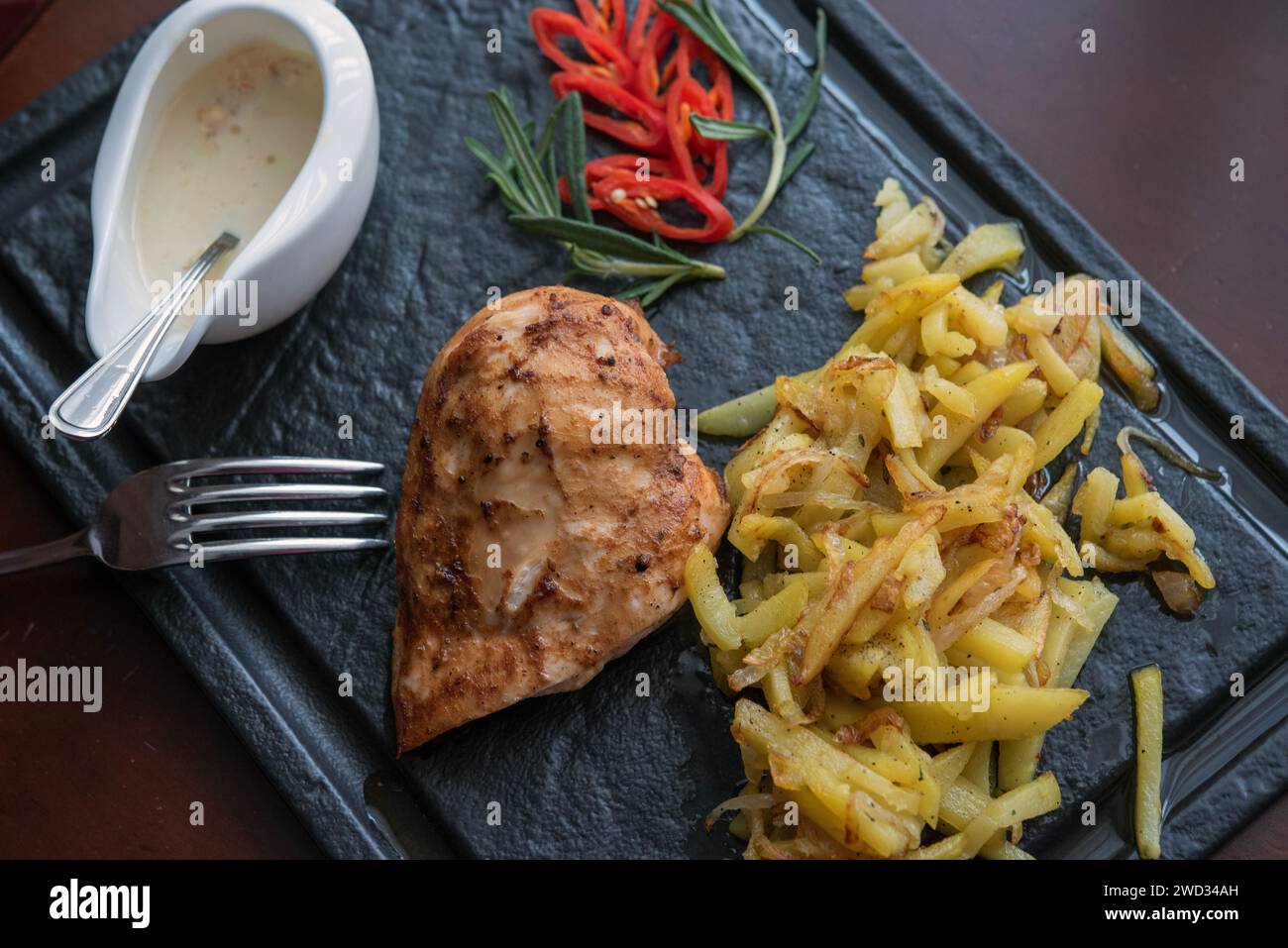 Chicken Recipe Plated in a Restaurant Stock Photo