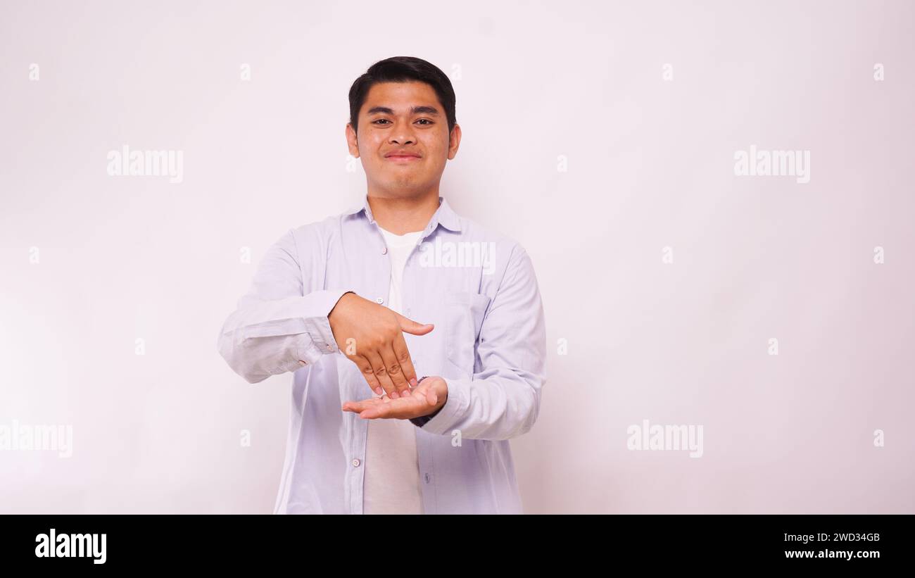 Asian man using sign language with hand. learn sign language by hand. ASL American Sign Language Stock Photo