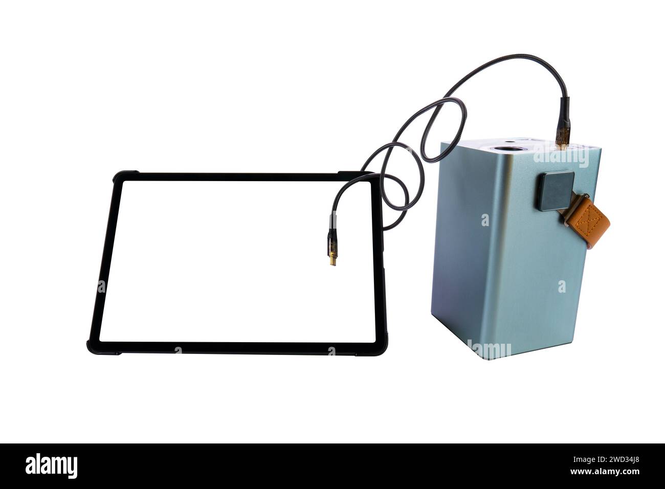 Tablet PC with a blank white screen next to a power bank (charging