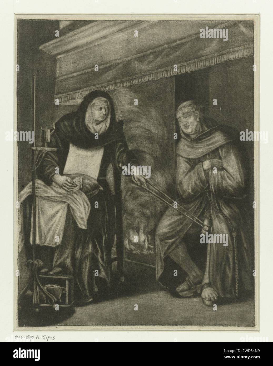 Sleeping monk awakened by a nun with a fireplace, Jan van Somer, 1655