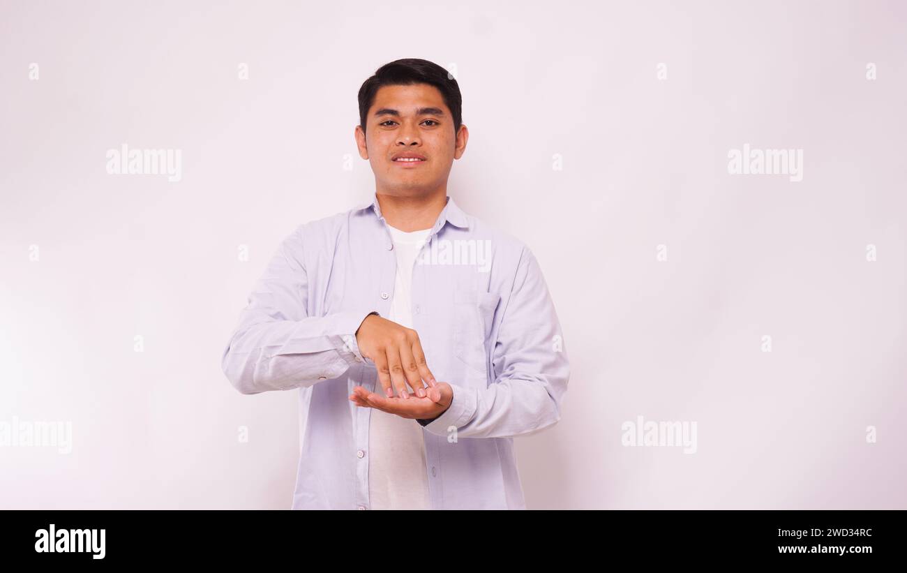 Asian man using sign language with hand. learn sign language by hand. ASL American Sign Language Stock Photo