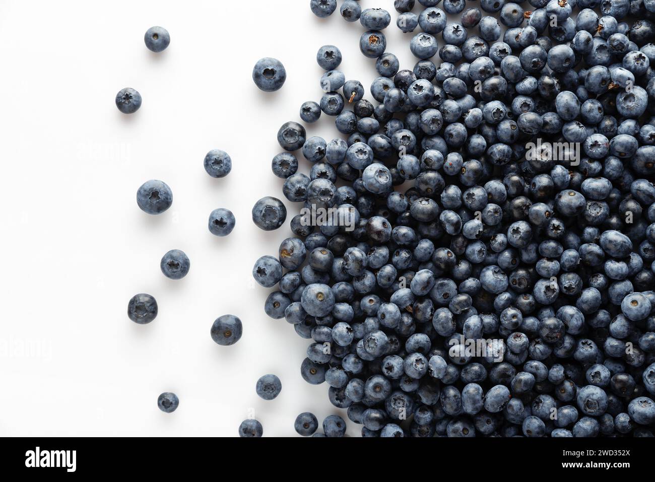 Blueberries scattered on a white background. View from above. Stock Photo