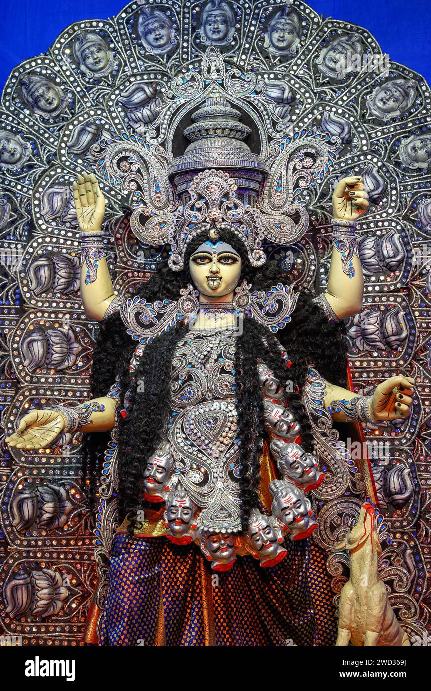 Idol of Goddess Maa Kali at a decorated puja pandal in Kolkata, West ...