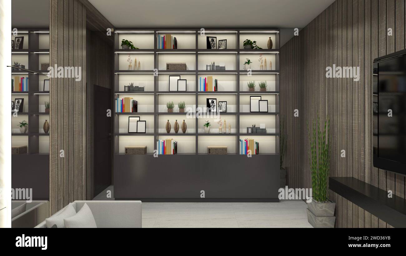 Modern Shelving Rack Display with Lighting Decoration Stock Photo Alamy