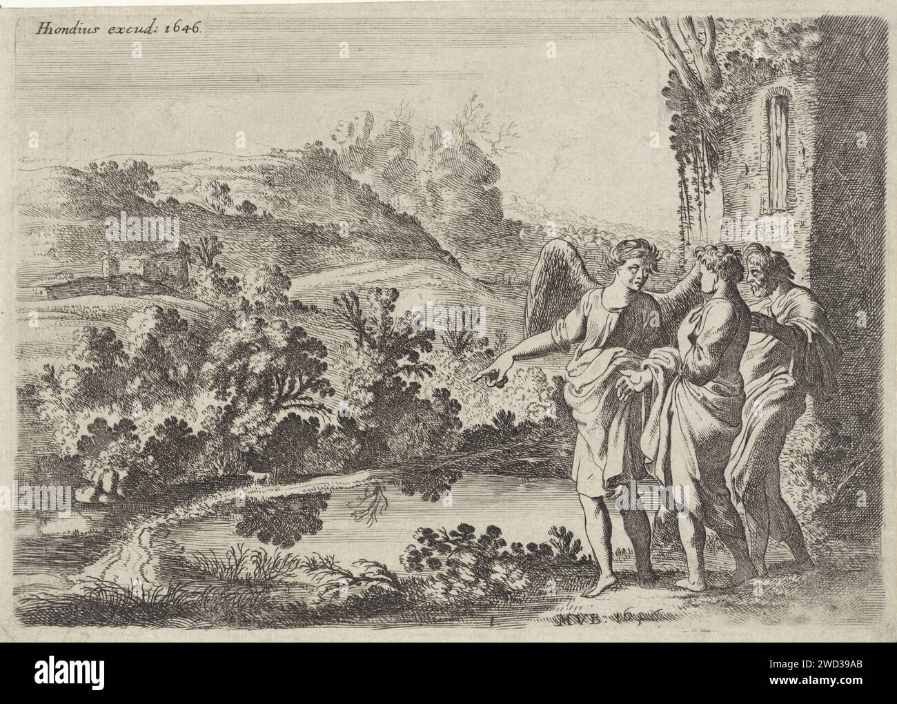 Tobias, Tobit and the Engel, Moyses van Wtenbrouck, 1646 print In a hilly landscape, Tobit states that his son Tobias trusts to the angel. Numbered as 1. The Hague paper etching Tobias and the angel Raphael with Tobit (and Anna) Stock Photo